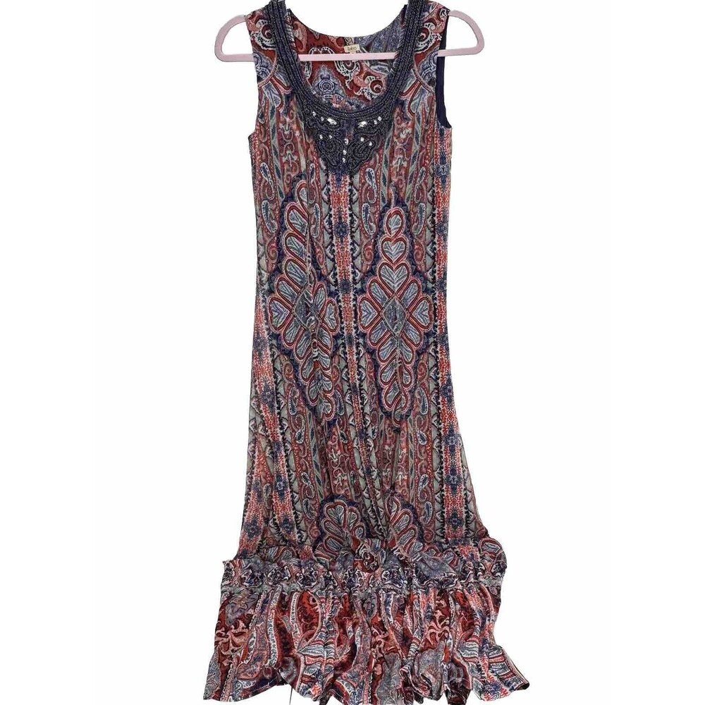 Reba Maxi Dress Mesh Paisley Rhinestone Sleeveless Fit & Flare Ruffle Bo…